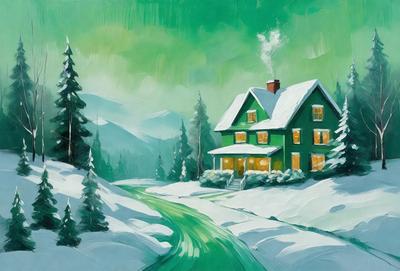 The primary subject of the image is a large green house with a chimney, located on a snow-covered street. The setting is a winter landscape with snow-covered trees and mountains in the background. The visual style is a painting, which gives the scene a vibrant and lively atmosphere. The dominant colors are green, white, and snowy shades, creating a serene and cozy mood.
